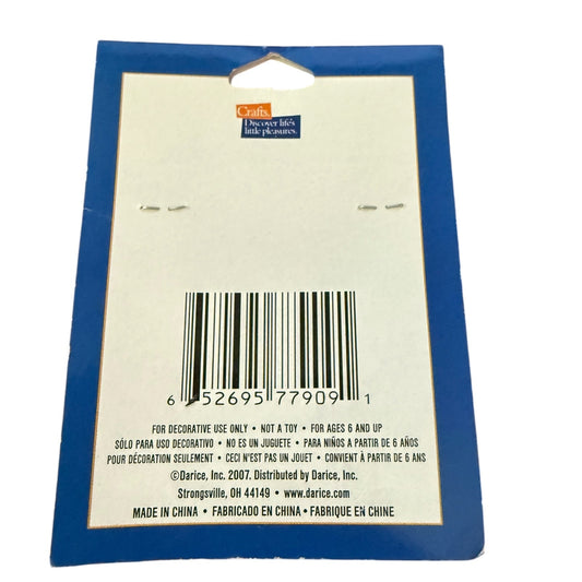 The back of a blue and white retail package for a Darice beads, featuring a barcode, product description, and manufacturing details.