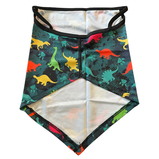 Face mask featuring a colorful dinosaur print on a dark teal background, with a white mesh center panel and black trim.