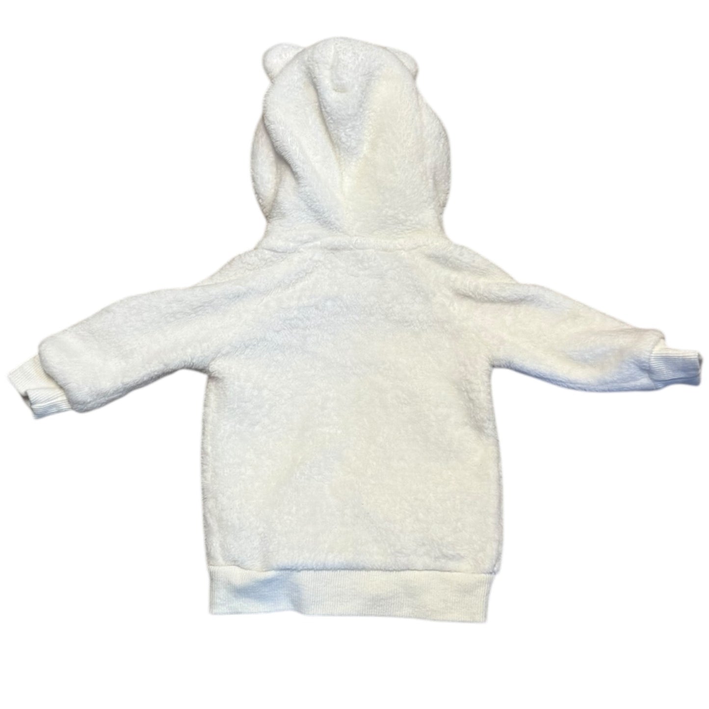 A white plush fleece hoodie with a hood featuring bear ears, shown from the back against a plain white background.