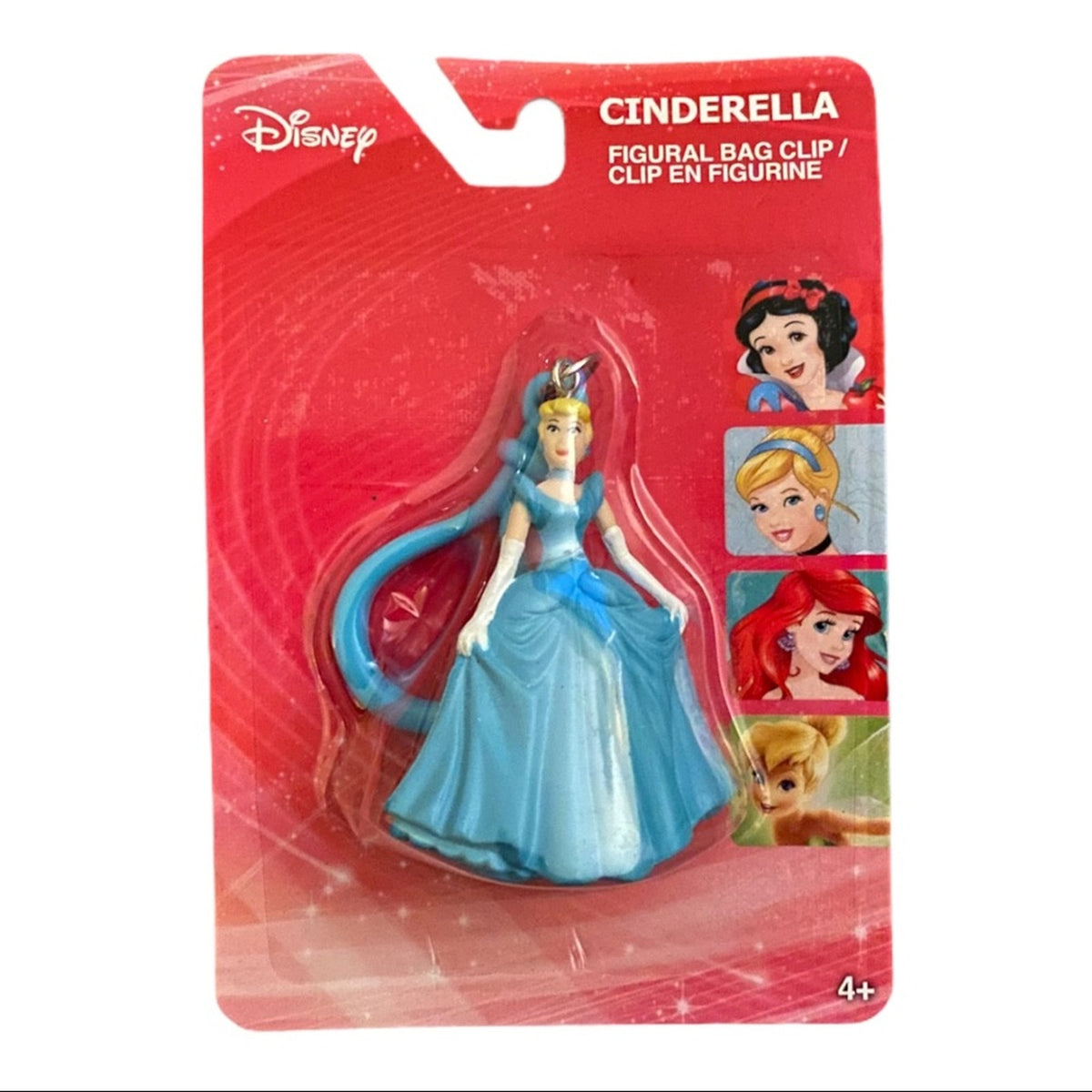 Disney Cinderella figurine in a blue ballgown, packaged in a red blister card with character portraits and the Disney logo.