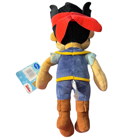 Back of Plush toy with a red cap and blue overalls on a white background