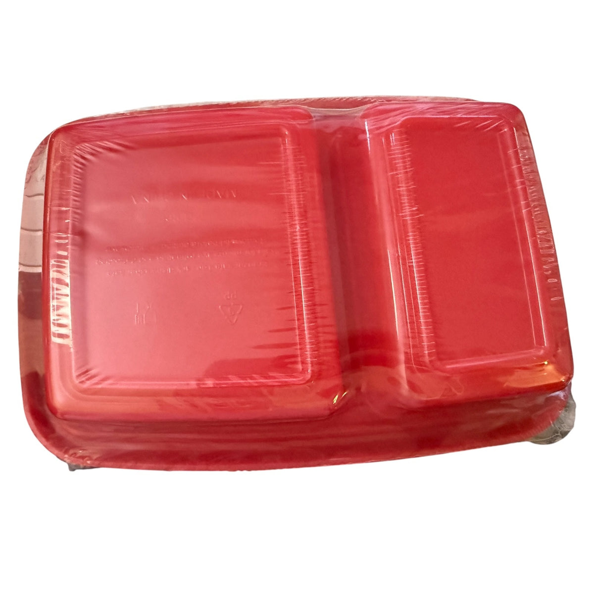 A red plastic storage with two-compartment divided tray, wrapped in clear plastic packaging, shown against a plain white background.
