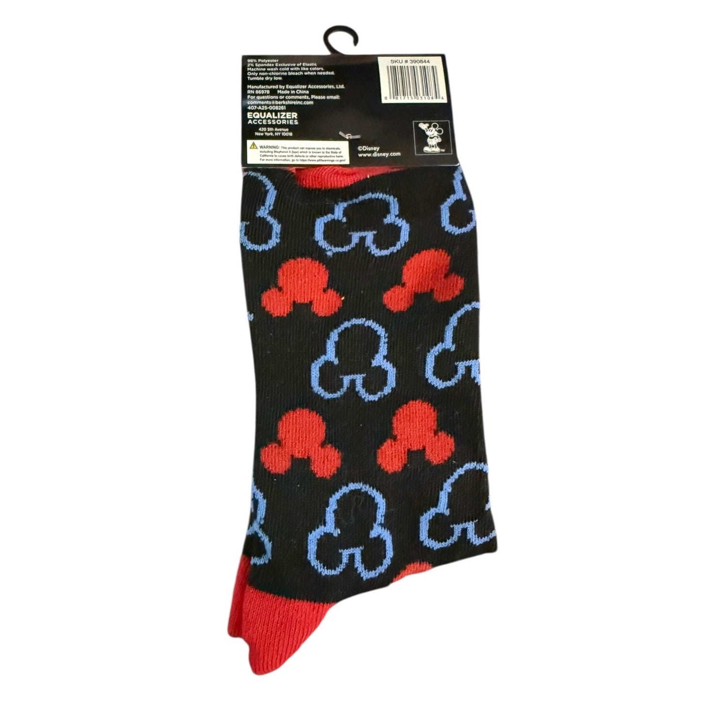 A pair of black crew socks with a repeating pattern of red and light blue Mickey Mouse head silhouettes, shown on a white background with their black retail header card attached.