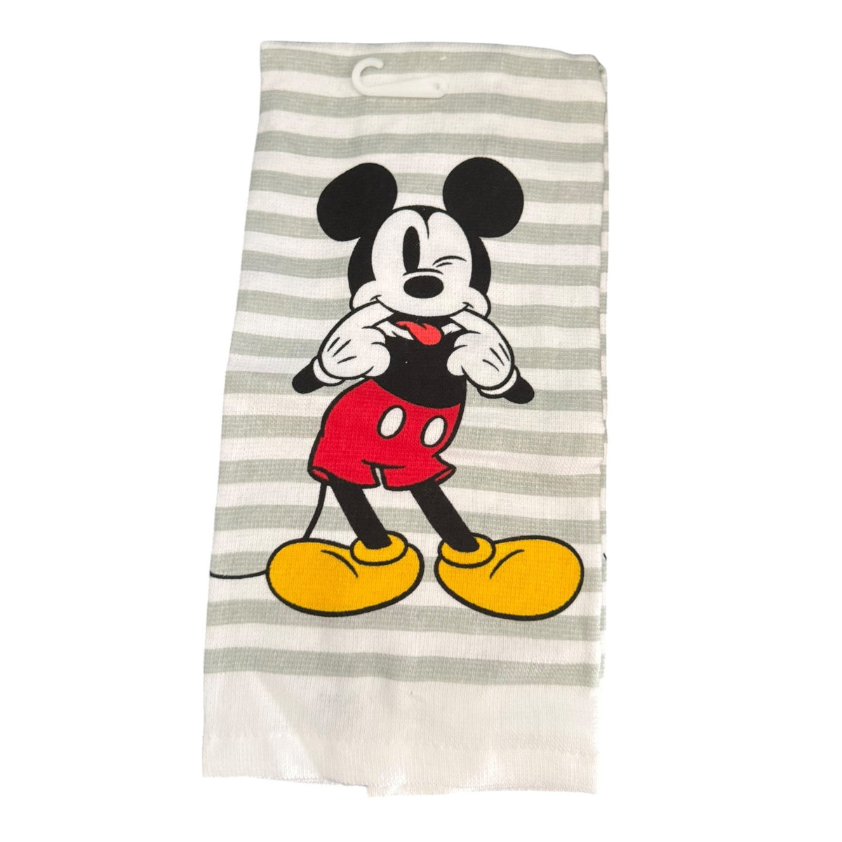 A white and light gray striped kitchen towel featuring a cartoon print of Mickey Mouse winking, with his classic red shorts and yellow shoes, on a plain white background.