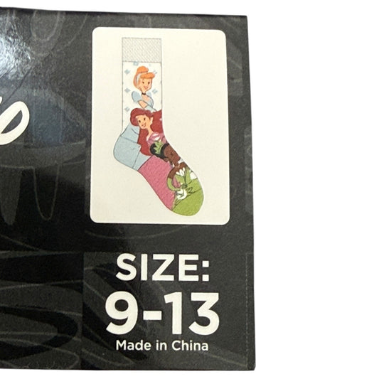 Close up of Disney Princess socks on a label with size information and 'Made in China' text.