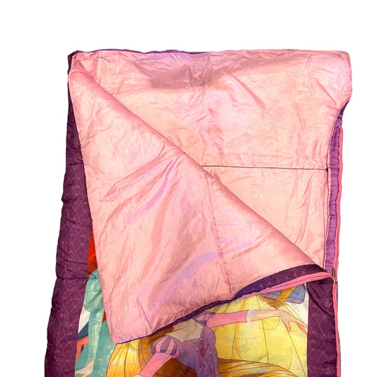 Pink interior of sleeping bag with colorful pattern underneath on a white background