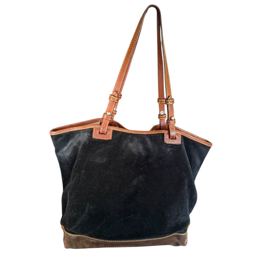 Black tote bag with brown leather accents on a white background