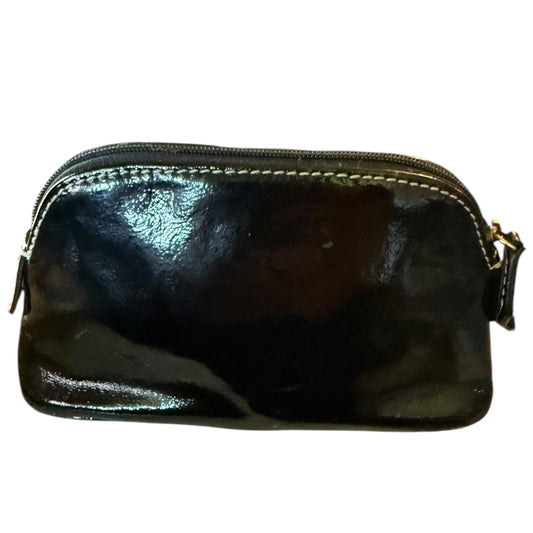 Back of Black leather pouch with zipper on a white background