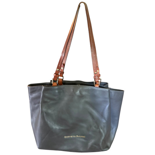 Gray tote bag with brown straps on a white background