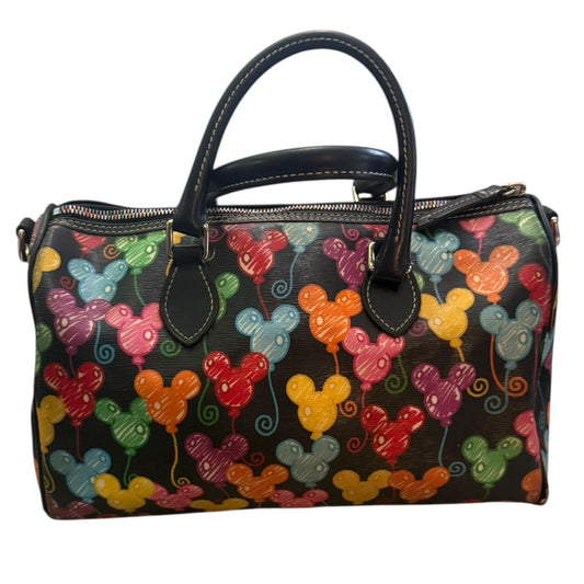 Handbag with colorful Mickey Mouse balloon design on a black background