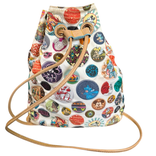 Back of Drawstring backpack with Disney character buttons on a white background
