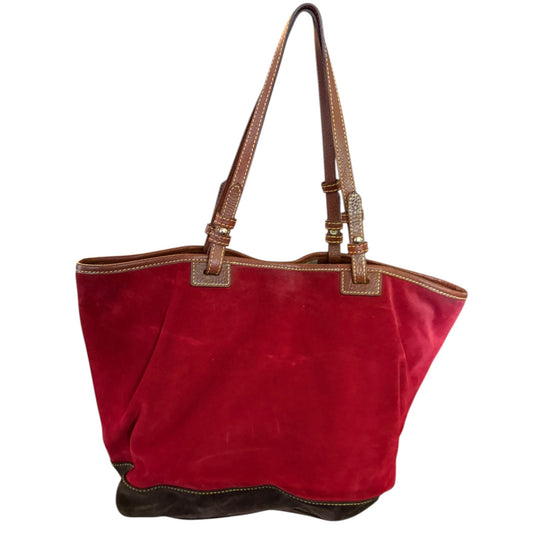 Back of Red handbag with brown accents on a white background