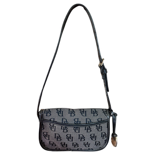 Back of gray handbag with black pattern on a white background