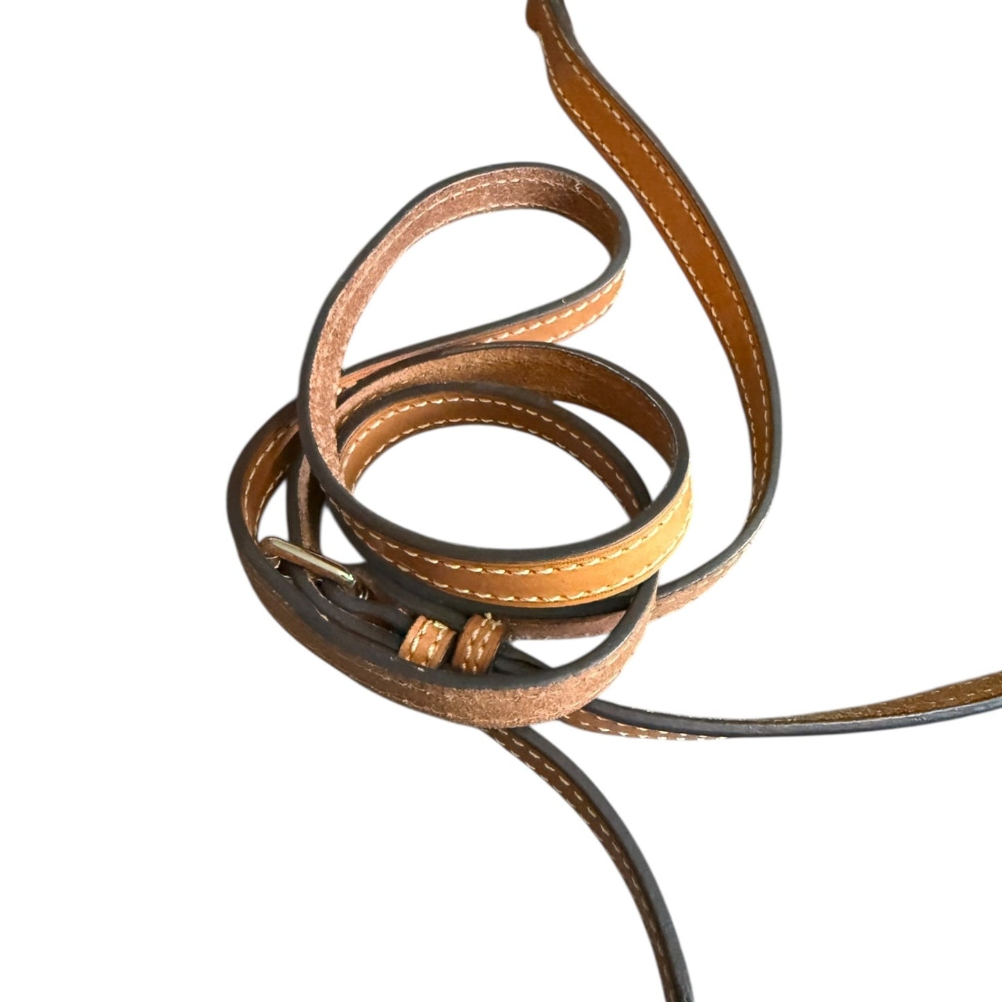 Close-up of a coiled brown leather strap with gold hardware on a white background