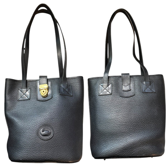 Front and back of black leather handbags with different lock designs on a white background