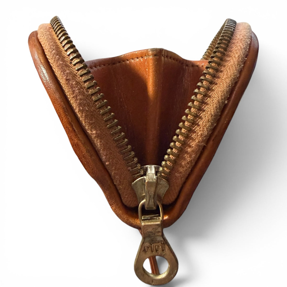 Brown leather wallet with gold zipper on a white background