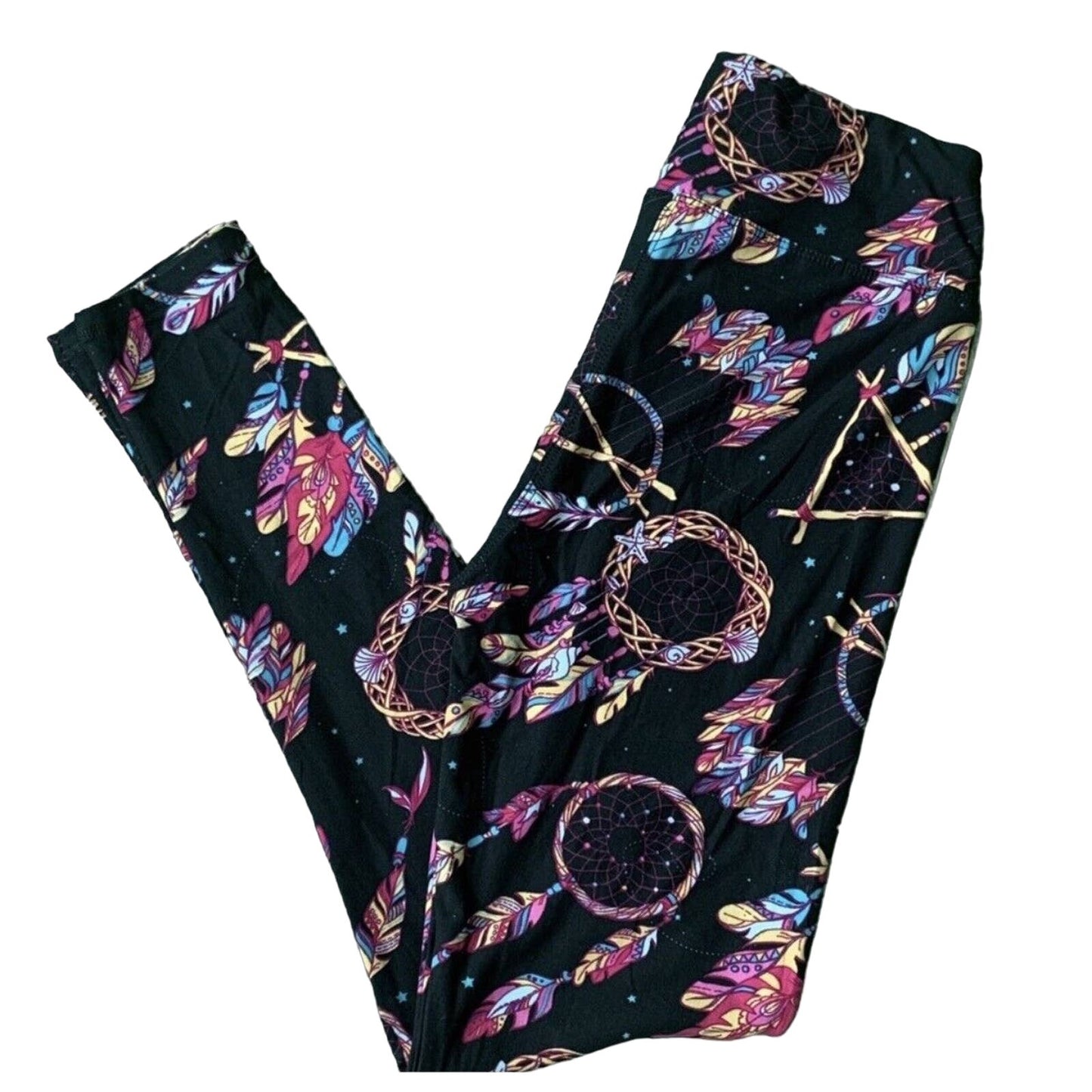 Black leggings with a colorful dreamcatcher and feather pattern, laid flat on a white background.