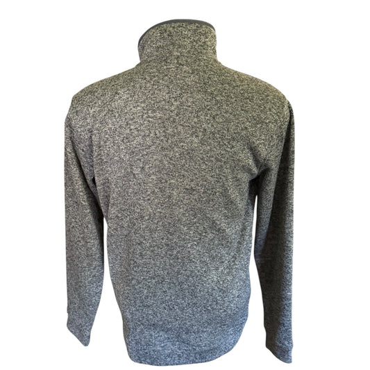 A long-sleeve sweater with a high mock neck, shown from the back. The fabric has a heathered, marled texture blending gray and black tones, set against a plain white background.