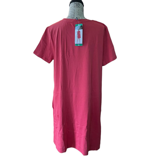 A red short-sleeve t-shirt dress displayed on a mannequin torso against a white background, with a retail hangtag attached at the neck.