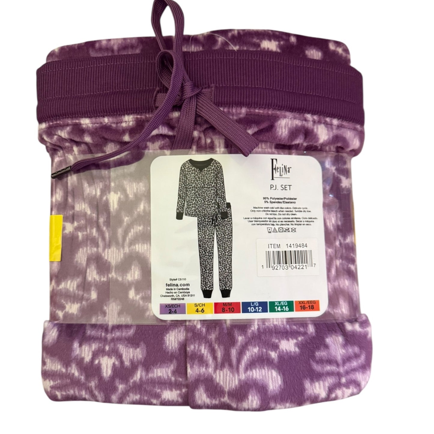 Purple patterned fabric with a label on a white background