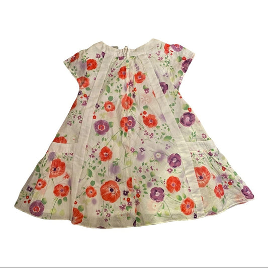 A short-sleeve baby dress with vibrant floral print featuring red poppies, purple flowers, and green leaves on a cream-colored background.