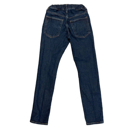 Back view of dark blue denim jeans with an elastic waistband, photographed flat on a white background.