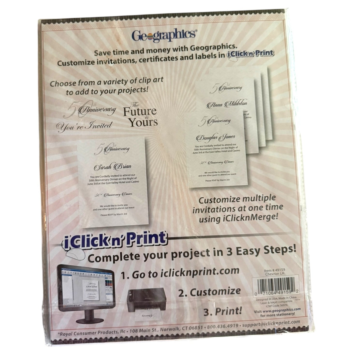 Geographics iClick'n'Print product packaging with invitation samples and branding details.