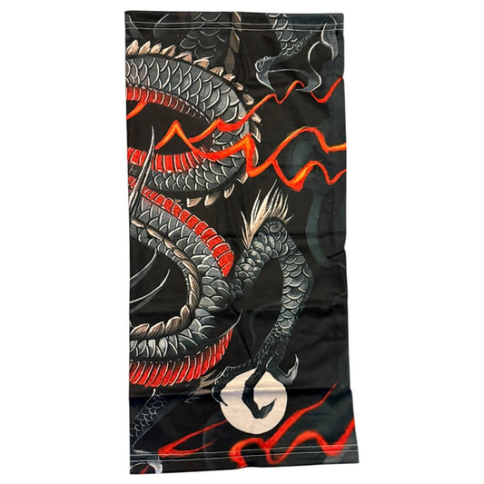 A face mask balaclava featuring a detailed Japanese-style dragon design , displayed flat against a white background.