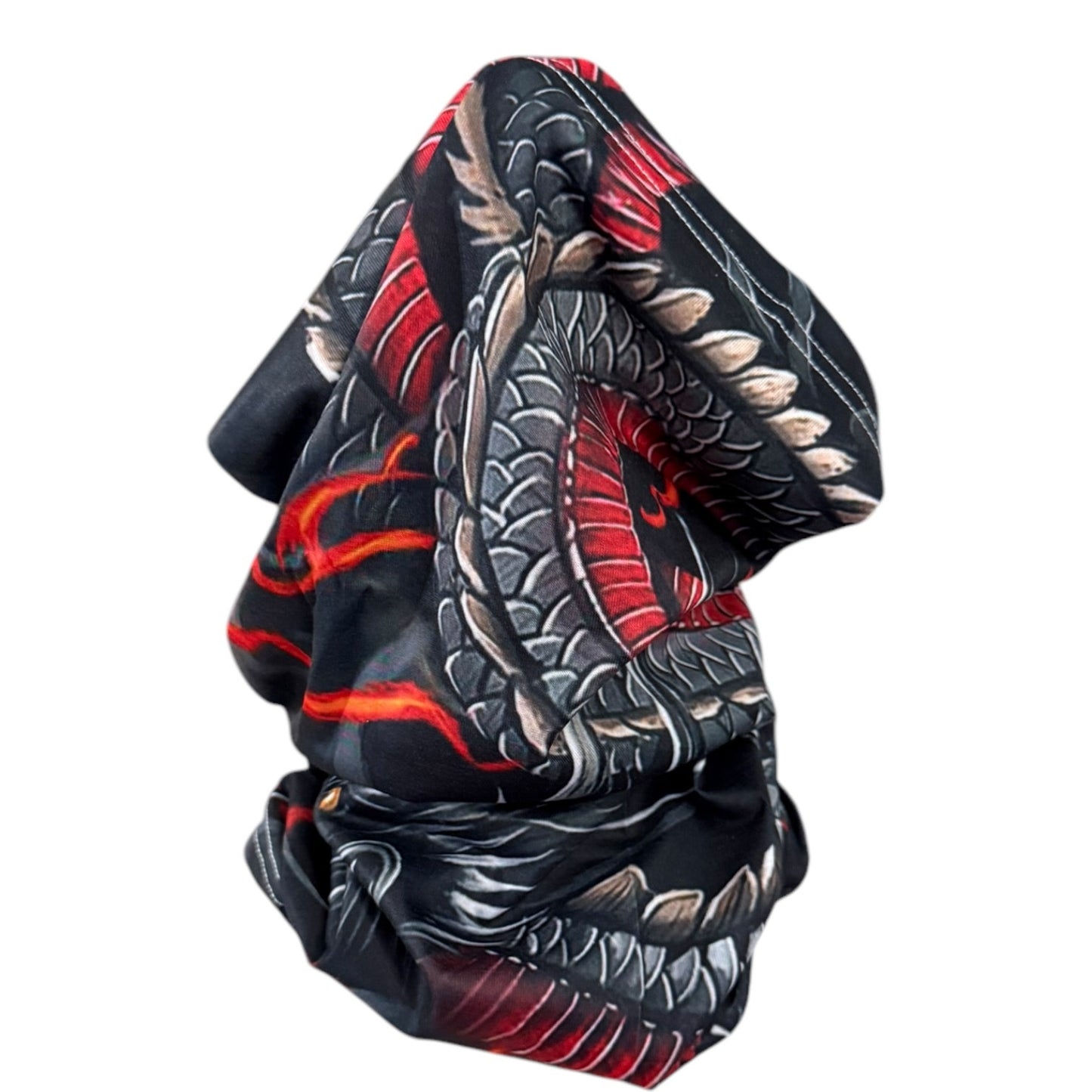 A black neck gaiter or face covering featuring a detailed red and gray dragon tattoo-style print, shown against a plain white background.