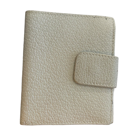 Blue leather wallet with a strap on a white background