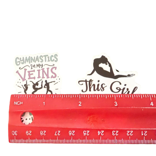 Red ruler with gymnastics-themed designs and text on a white background
