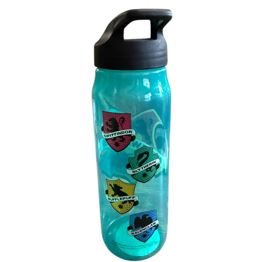 Back of green water bottle with four house logos on a white background