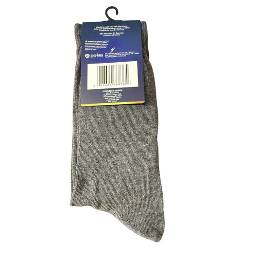 Back of Gray socks with a blue label on a white background