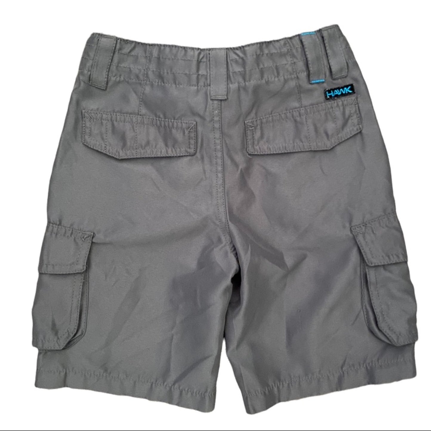 Gray cargo shorts with a brand label on a white background