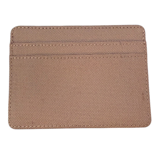 A card holder wallet made of textured material in a warm tan or brown color, featuring two horizontal card slots on the front, shown against a plain white background.