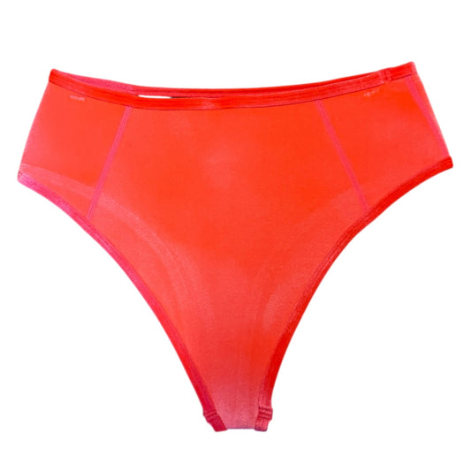 Bright neon orange velour bikini briefs on a plain white background.