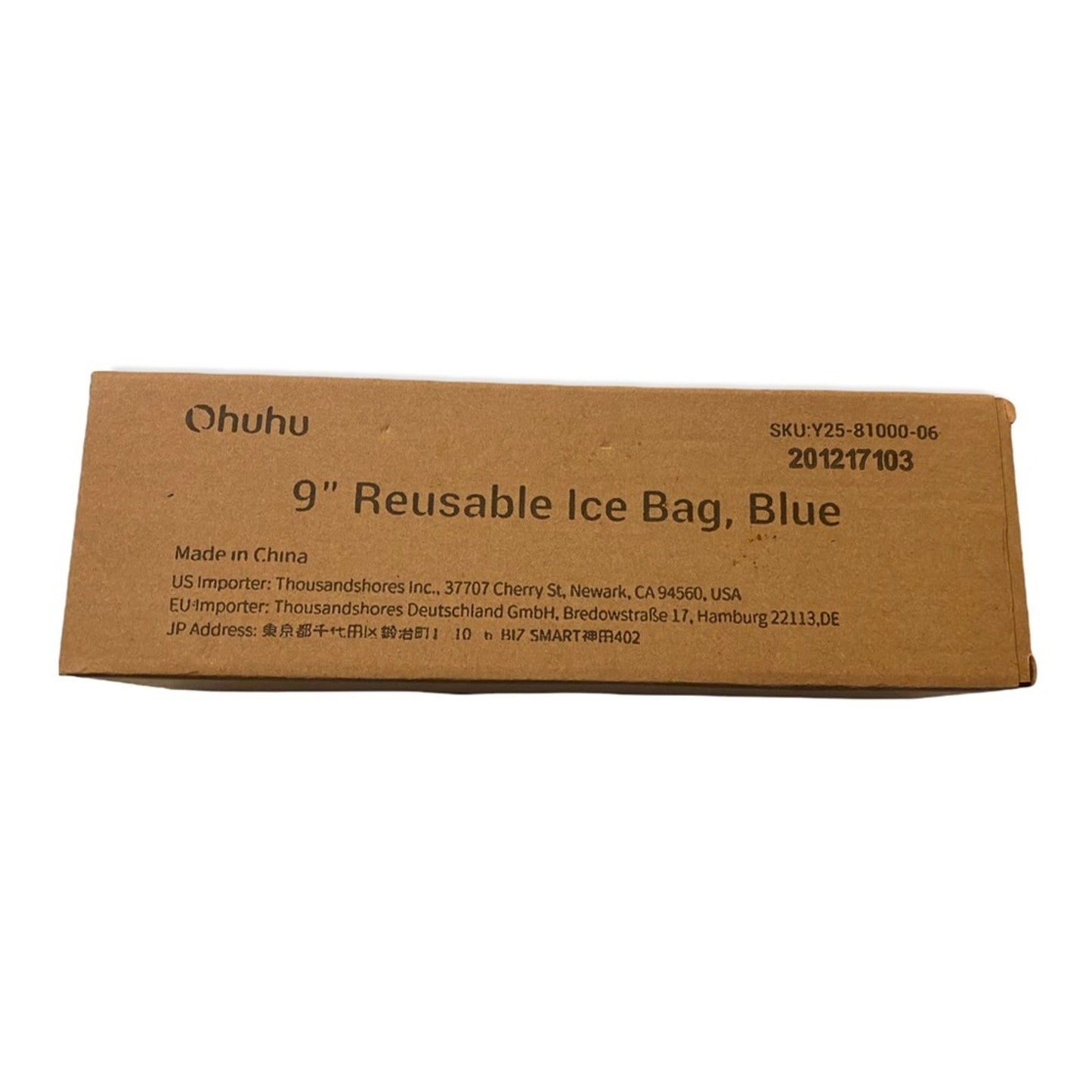 A brown cardboard box labeled 'Ohuhu 9" Reusable Ice Bag, Blue' with printed black text on a plain white background.