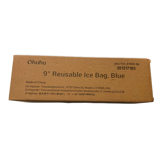A brown cardboard box labeled 'Ohuhu 9" Reusable Ice Bag, Blue' with printed black text on a plain white background.