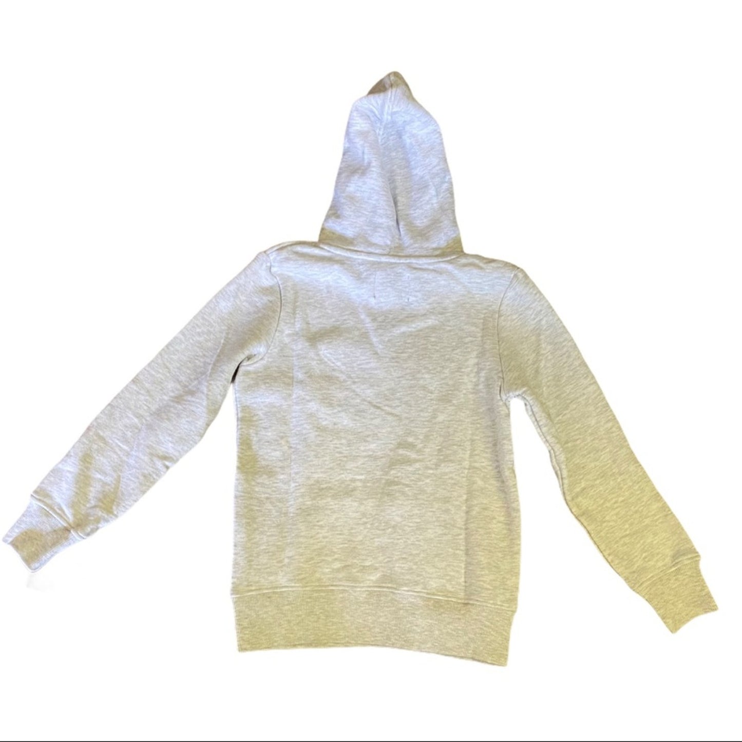 A light heather gray pullover hoodie shown from the back, laid flat against a white background.