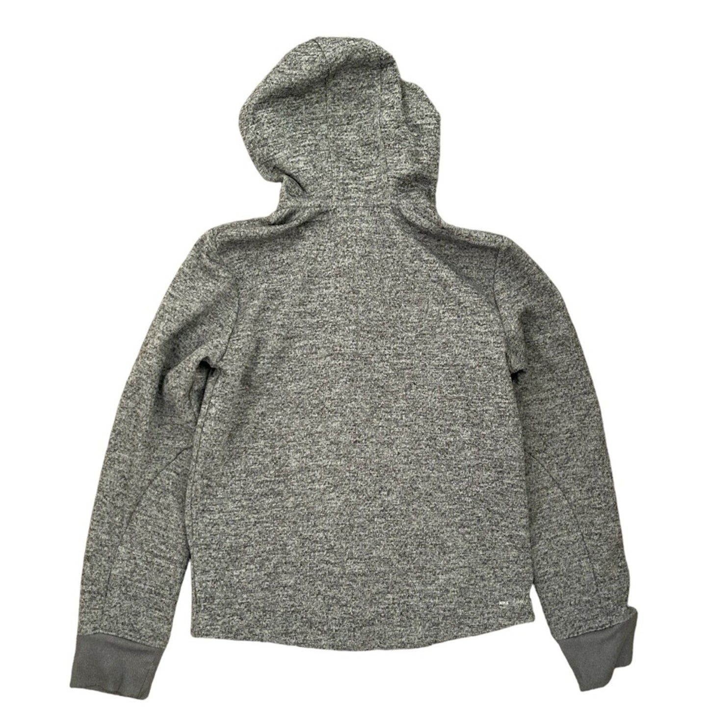 A heather gray hooded jacket shown from the back, featuring a textured knit pattern and ribbed cuffs, laid flat against a white background.