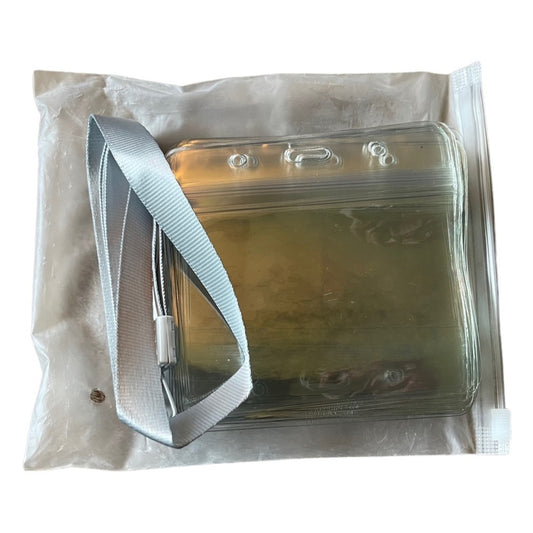 A clear plastic ID pouch holder with lanyard, shown against a white background.