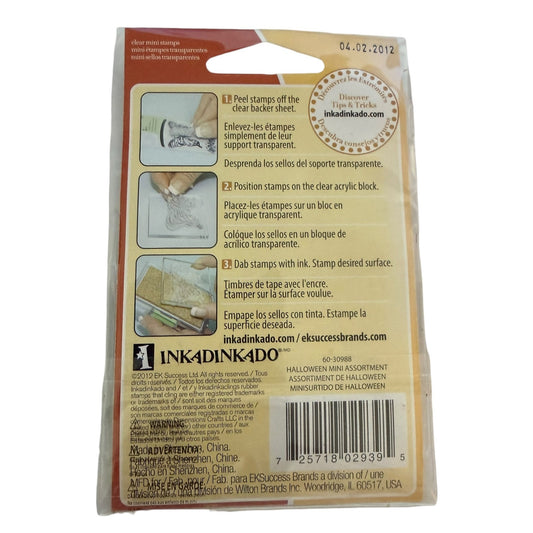 Back of a packaging for Inkadinkado stamps with instructions and branding.