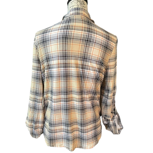 A beige plaid long-sleeve shirt displayed on a mannequin torso against a white background.