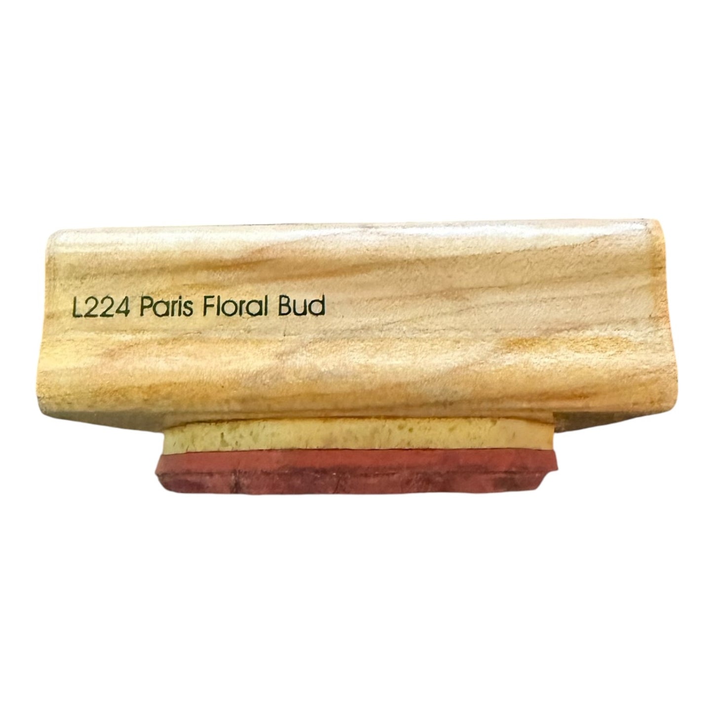 A wooden stamp block featuring the engraved text 'L224 Paris Floral Bud' on on a wood block, shown against a plain white background.