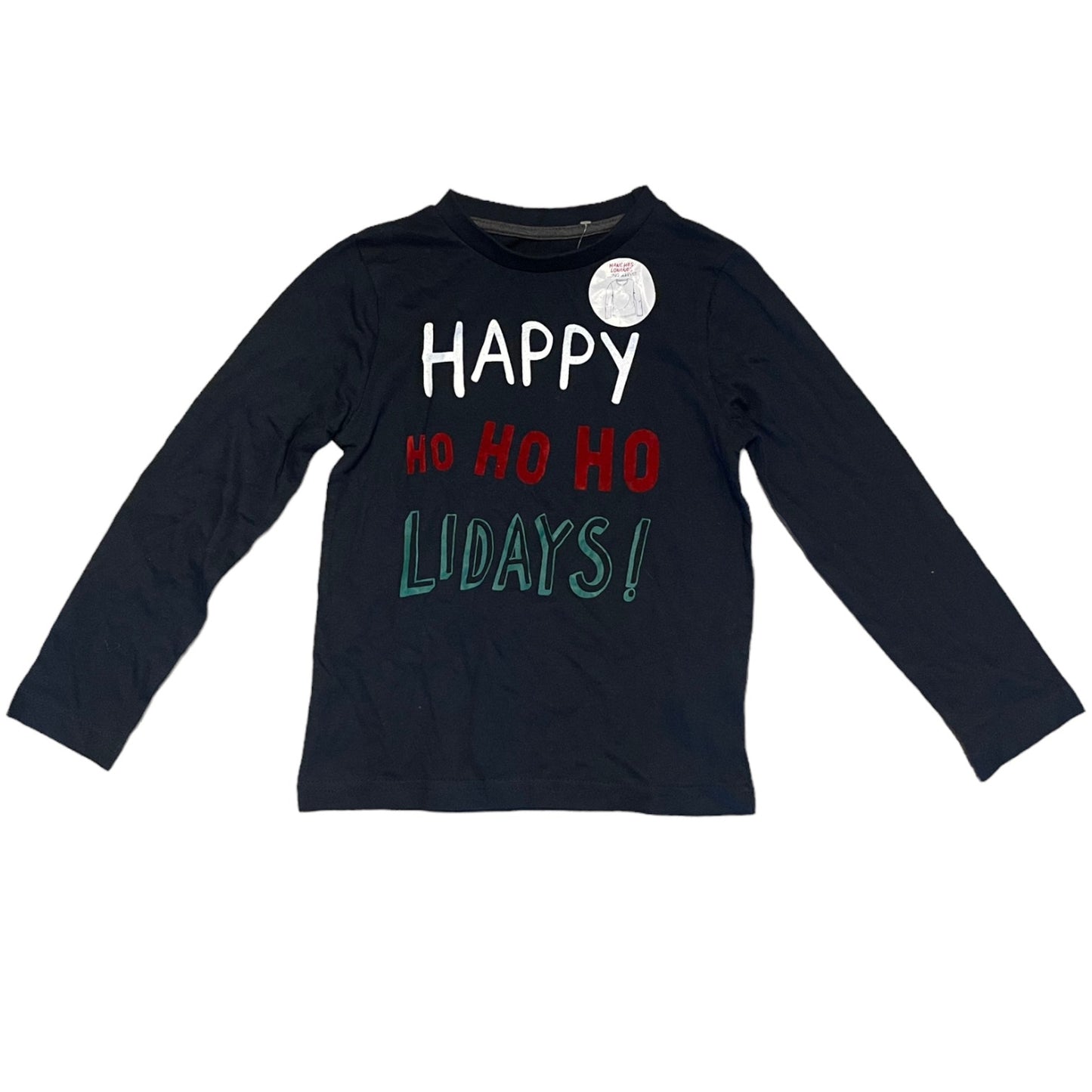 Blue long-sleeve shirt with colorful text on a white background