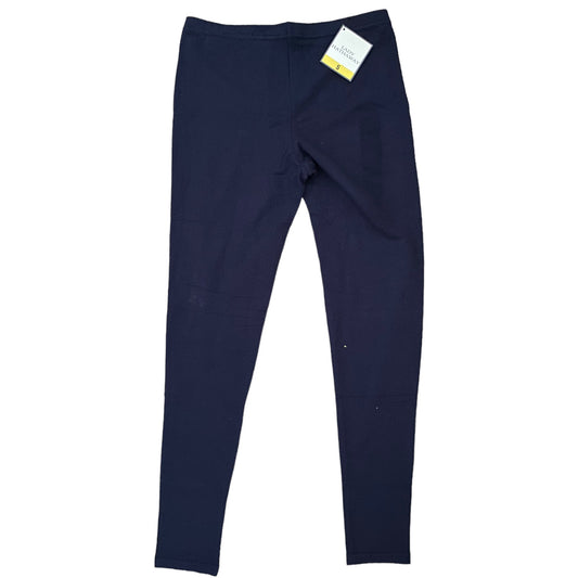 A pair of purple leggings with a small white and yellow tag attached near the waistband, displayed flat against a solid white background.