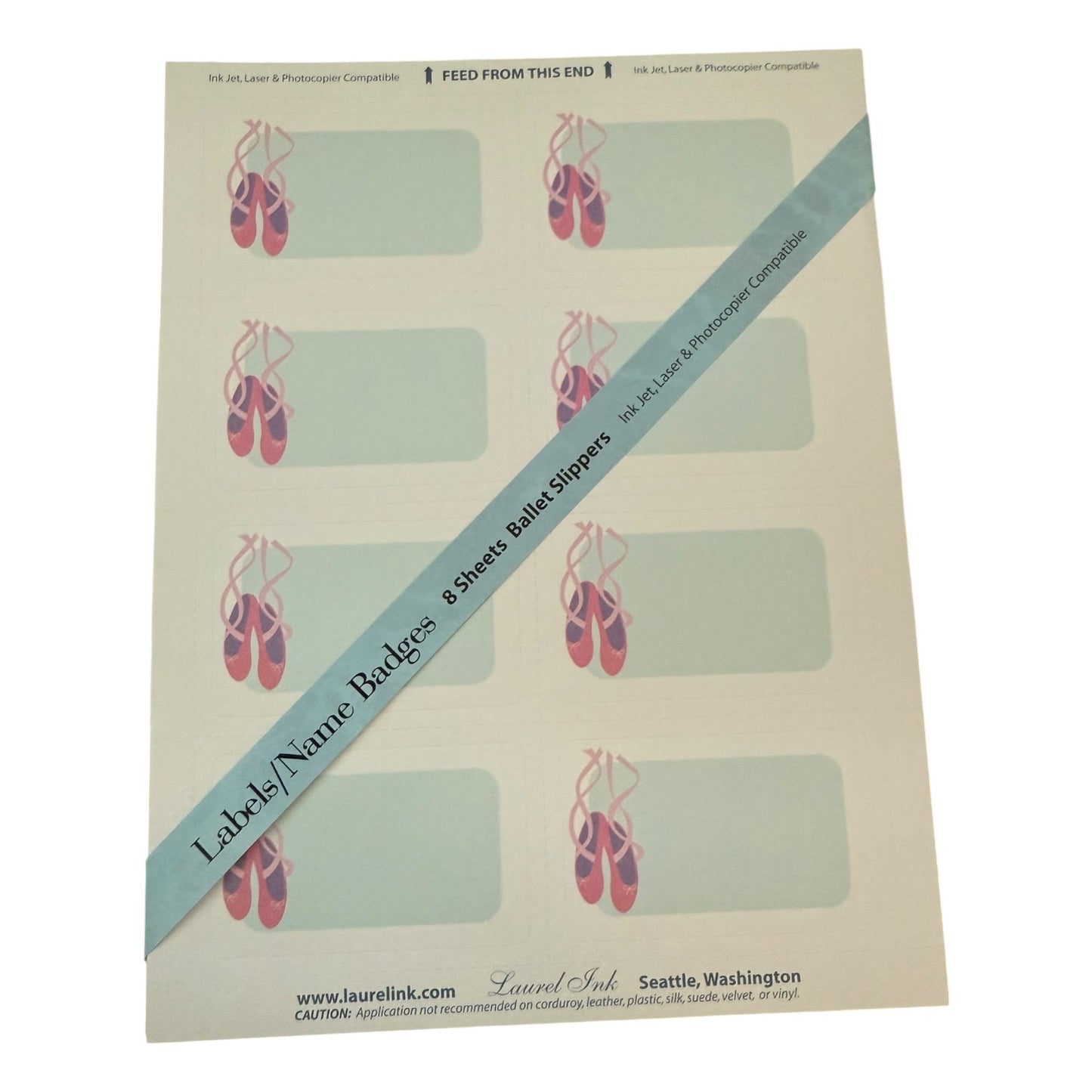 Sheet of labels with ballet slipper design on a white background