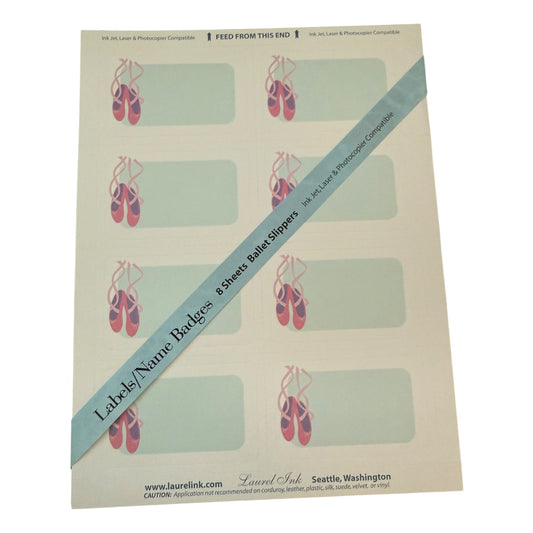 Sheet of labels with ballet slipper design on a white background
