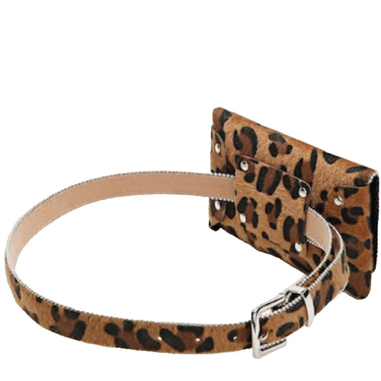 A leopard print waist bag , featuring a brown and black animal print pattern with silver-tone metal studs and a silver buckle.