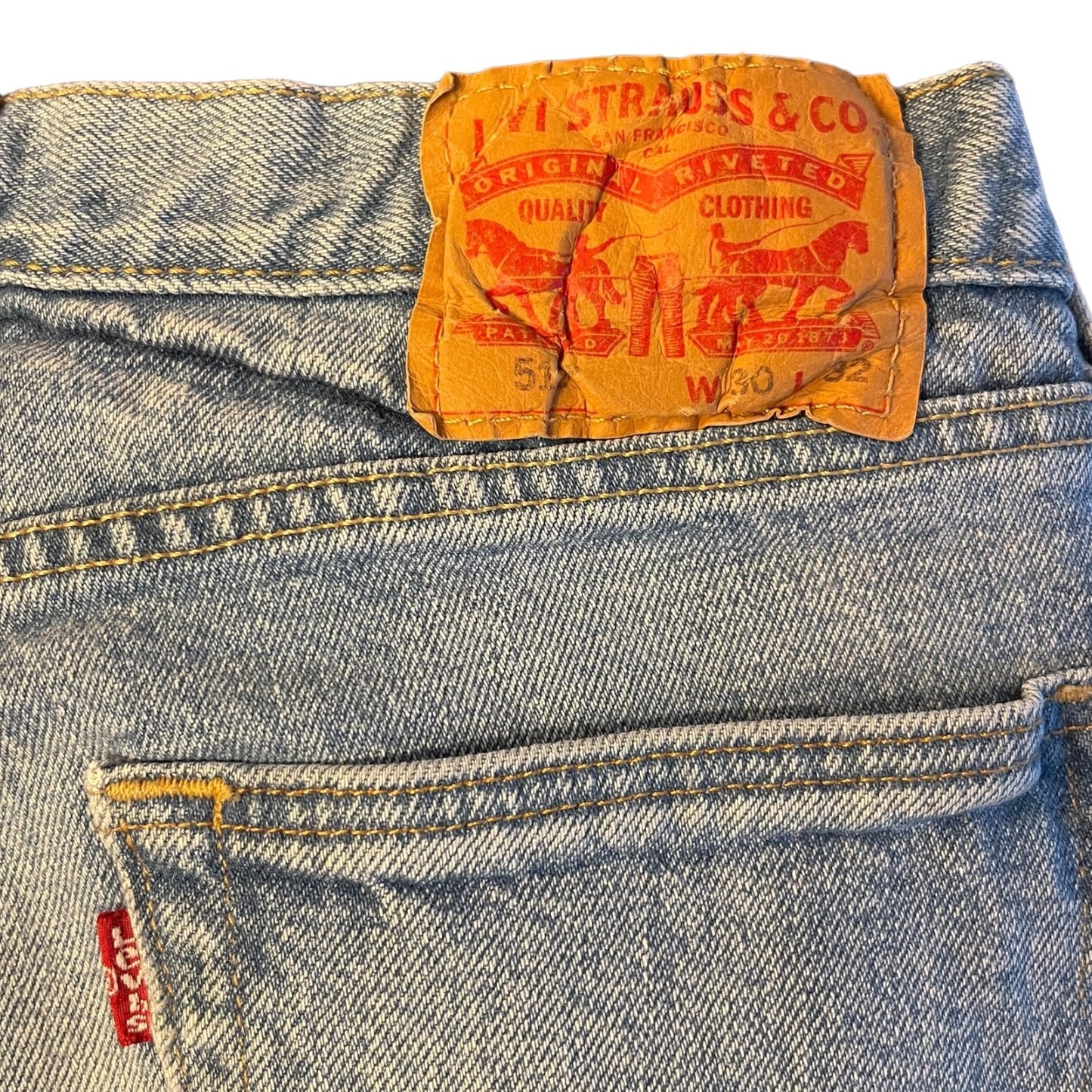 Close-up of Levi Strauss & Co. label on a pair of blue jeans.
